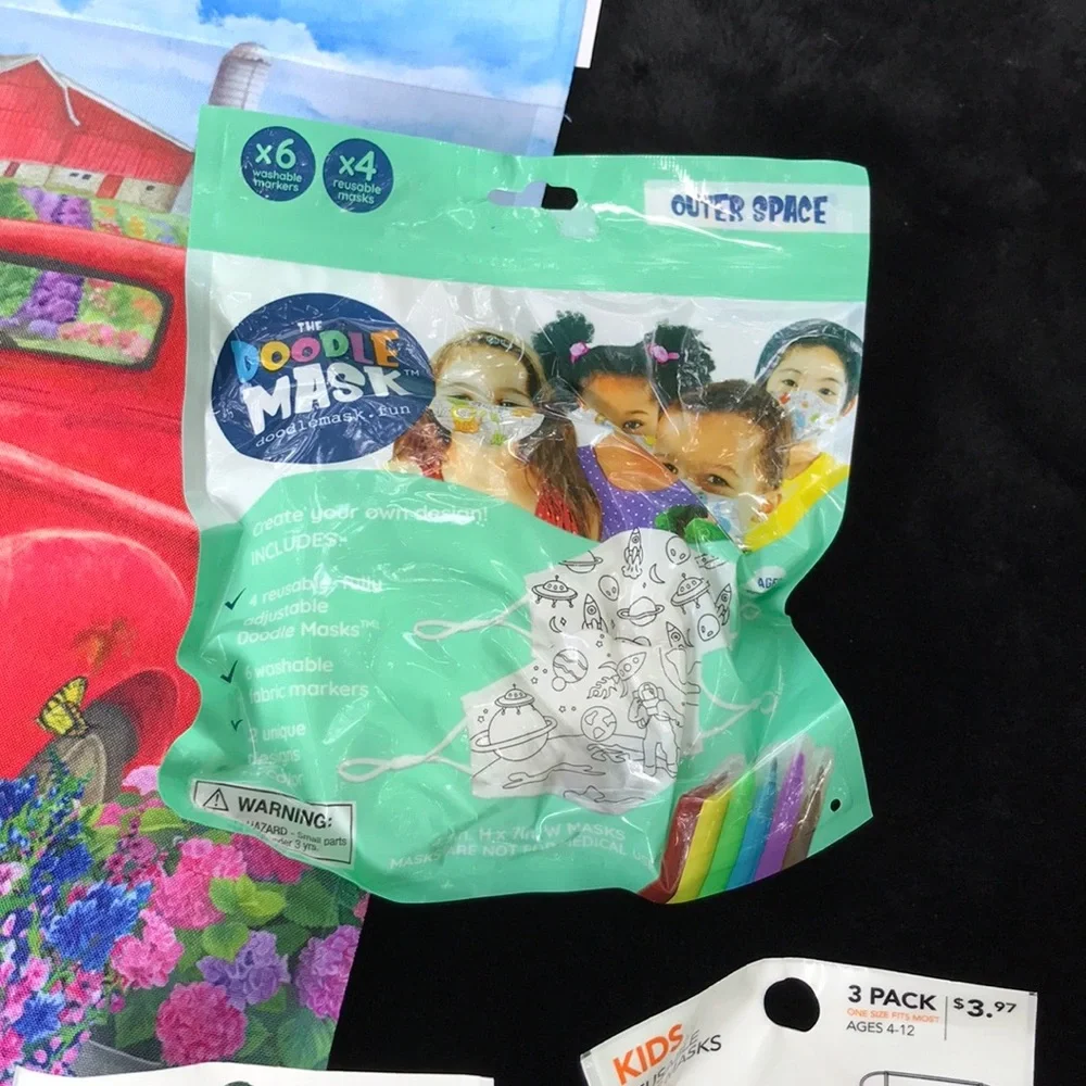 NWT 13 Reusable Children’s Face Masks 3 Packs of 3 & 1Pk of 4 Doodle Masks Space